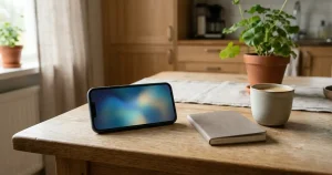 Mobiltelefon med abstrakt inloggningsvy bredvid anteckningsbok på ett köksbord