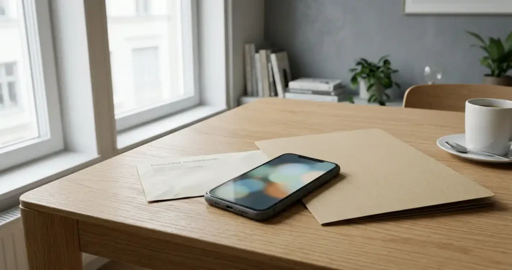 Mobiltelefon och diskreta bankhandlingar på ett ljust svenskt köksbord