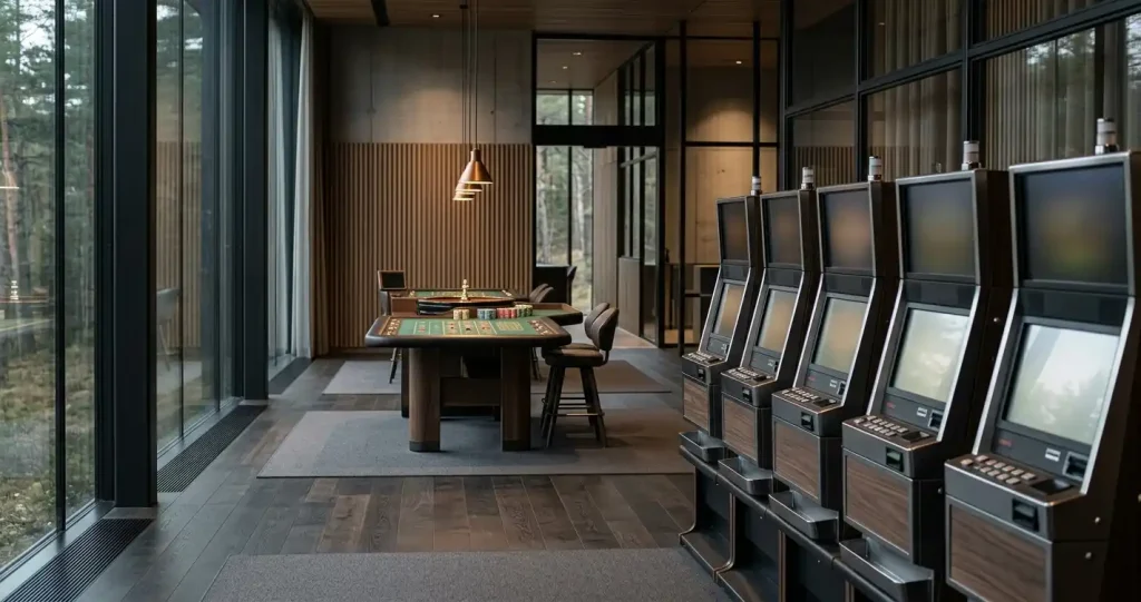 Neutrala spelautomater och ett livebord i en dämpad casinointeriör