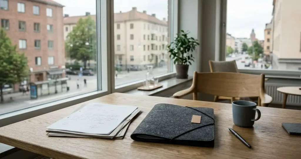 Juridiska handlingar och en diskret skrivbordslampa i ett svenskt stadsrum
