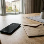 Mobiltelefon bredvid ett tomt bankkuvert och ett armbandsur på ett bord