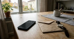 Mobiltelefon bredvid ett tomt bankkuvert och ett armbandsur på ett bord